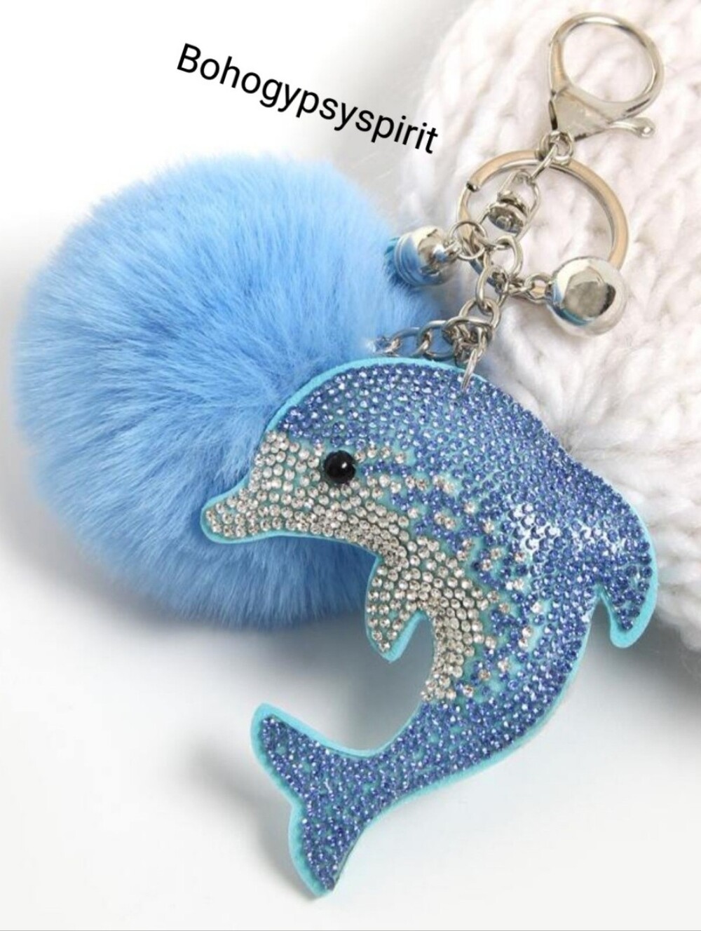 Bling Rhinestone Dolphin Pom Pom Tassel Keychain Bag Charm